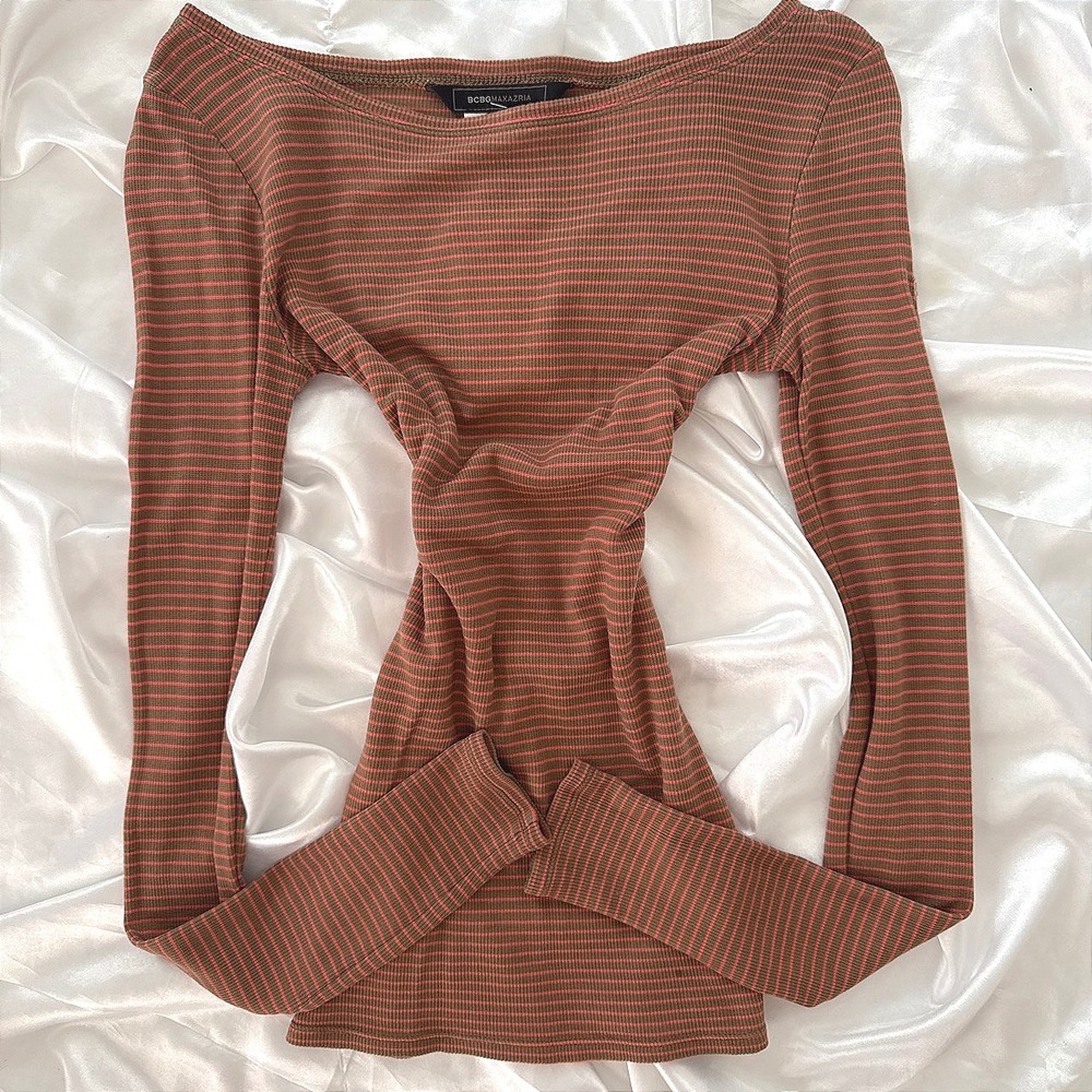 BCBGMAXAZRIA Brown Pink Striped Ribbed Boat Neck Long Sleeve Top XS
